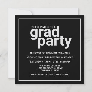Invitation Black and Silver Grey Moderne de base Grad Party