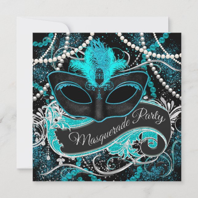 Invitation Black and Turquoise Blue Masquerade Party (Devant)