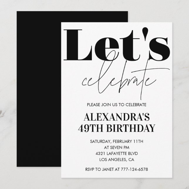 Invitation Black and White 49e anniversaire Modern (Devant / Derrière)
