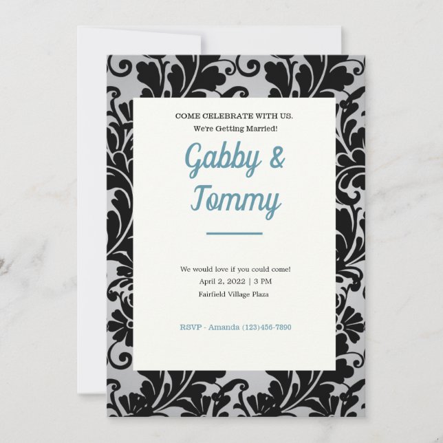 Invitation Black and White Black Damask (Devant)