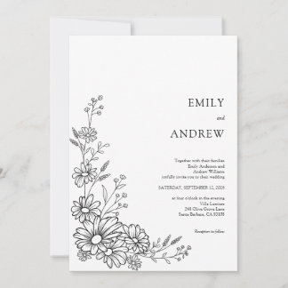 Invitation Black and White Botanical Daisy Garden Wedding