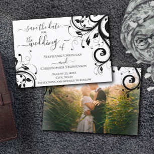 Invitation Black and White Festive Save the Date Back Photo