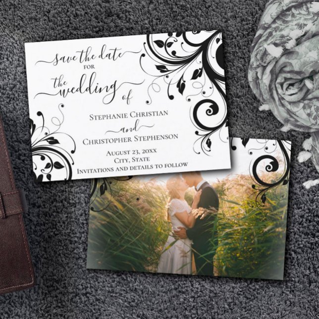 Invitation Black and White Festive Save the Date Back Photo (Créateur téléchargé)