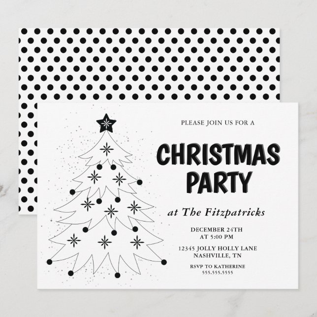 Invitation Black and White Festive Tree Christmas Party (Devant / Derrière)