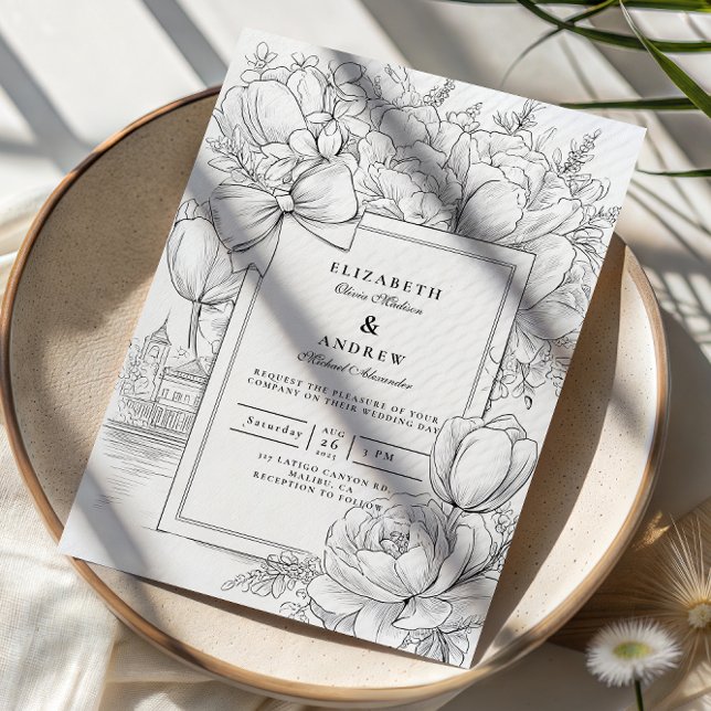 Invitation Black and White Floral Bow Wedding (Créateur téléchargé)