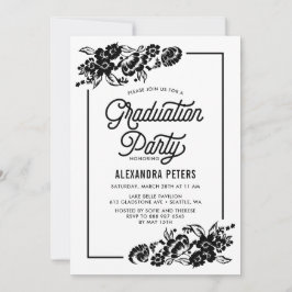 Invitation Black and White Floral Graduation Party