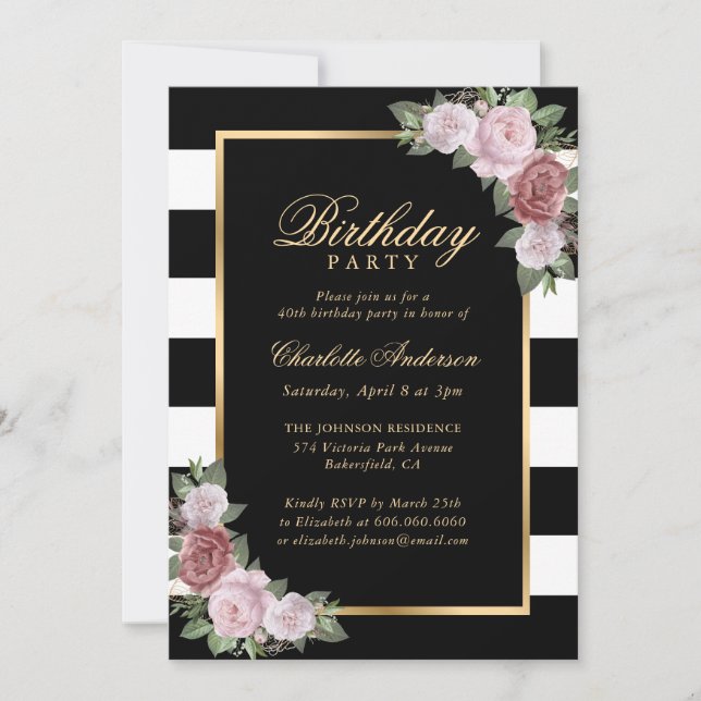 Invitation Black and White Gold Blush Floral 40e anniversaire (Devant)