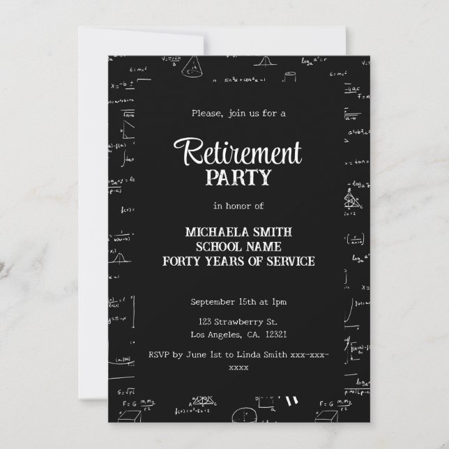 Invitation Black and White Math Teacher Retirement Party (Devant)