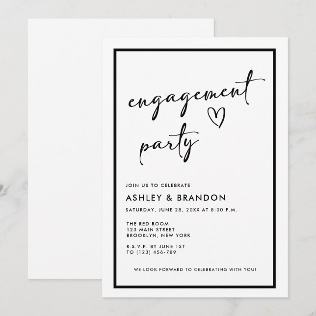 Invitation Black and White Modern Engagement Party (Devant / Derrière)