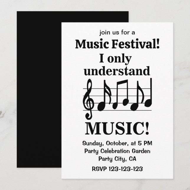 Invitation Black and White Music Notes Music Festival (Devant / Derrière)