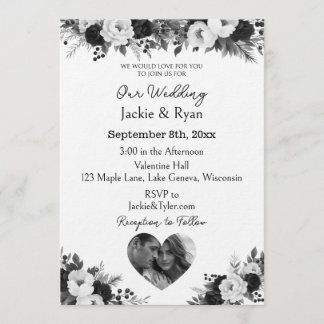 Invitation Black and White Photo Template Botanical Wedding