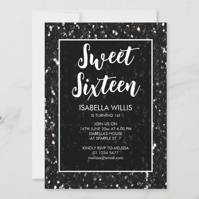 Invitation Black and white sparkles Sweet 16 élégant script (Devant)