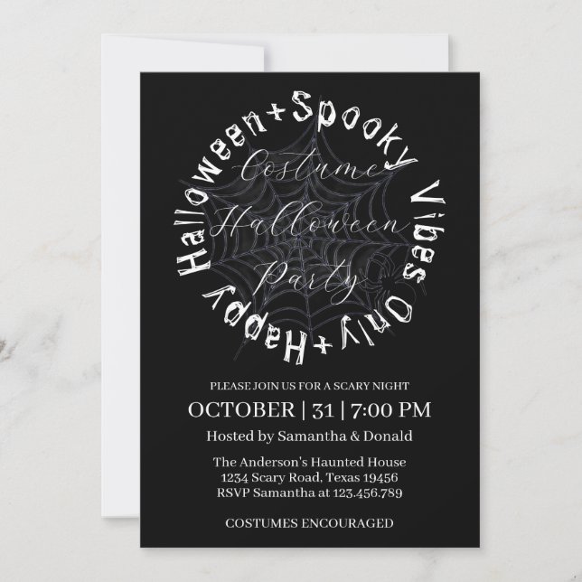 Invitation Black and White Spider Web Halloween Costume Party (Devant)