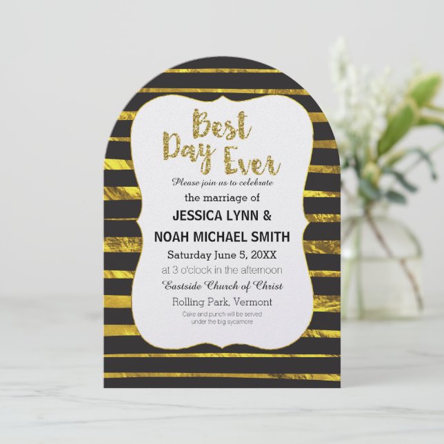 Invitation Black and White Stripe Gold Meilleur Jour jamais (Debout devant)
