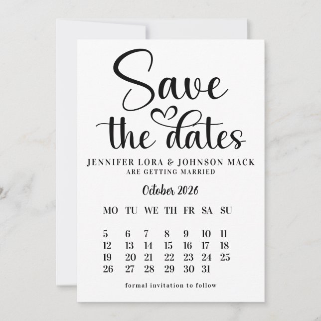 Invitation black and white wedding save the dates Calendar  (Devant)