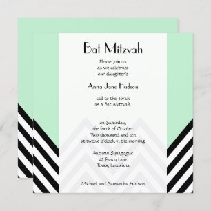 Invitation Black and White Zigzag Pattern, Green, bat mitzvah