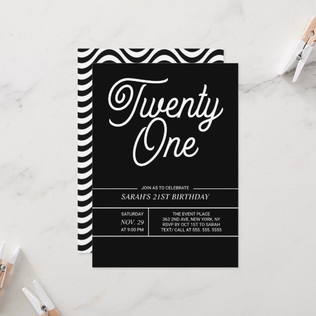 Invitation Black and Withe Modern 21st Birthday Party (Devant/Arrière en situation)