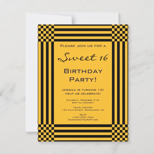 Invitation Black and Yellow Stripes Sweet 16 Anniversaire (Devant)