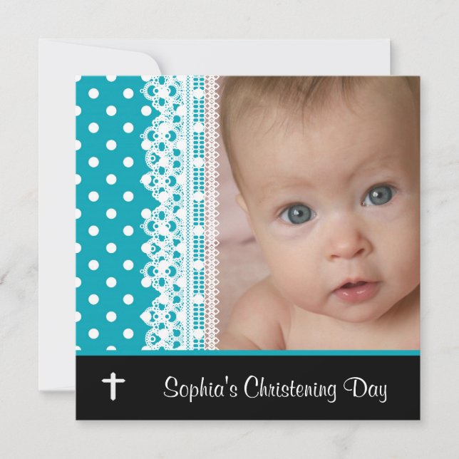 Invitation Black Blanc Turquoise bébé fille photo Christening (Devant)