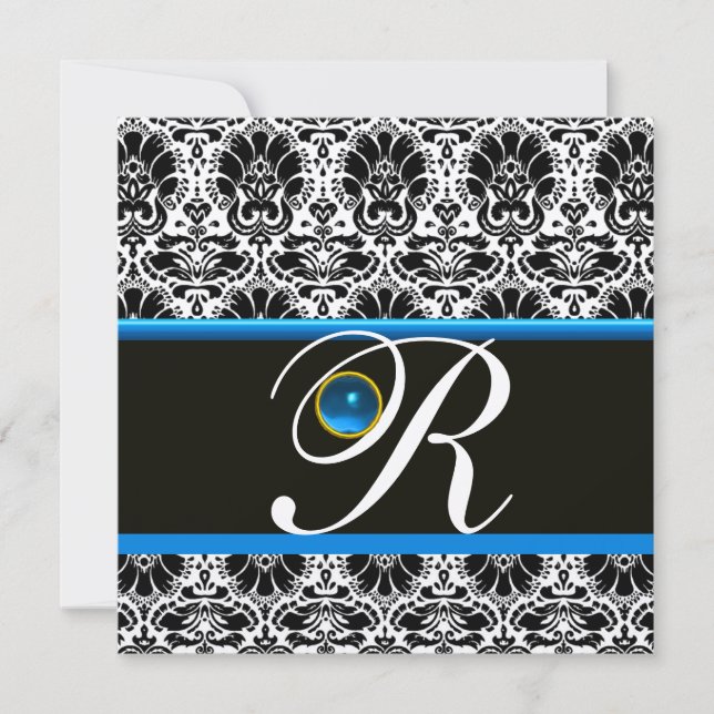 Invitation BLACK BLEU BLEU DAMASK MONOGRAM Sapphire Gold (Devant)