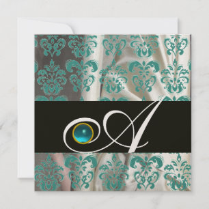 INVITATION BLACK BLEU SILK DAMASK MONOGRAM AQUAMARINE OR