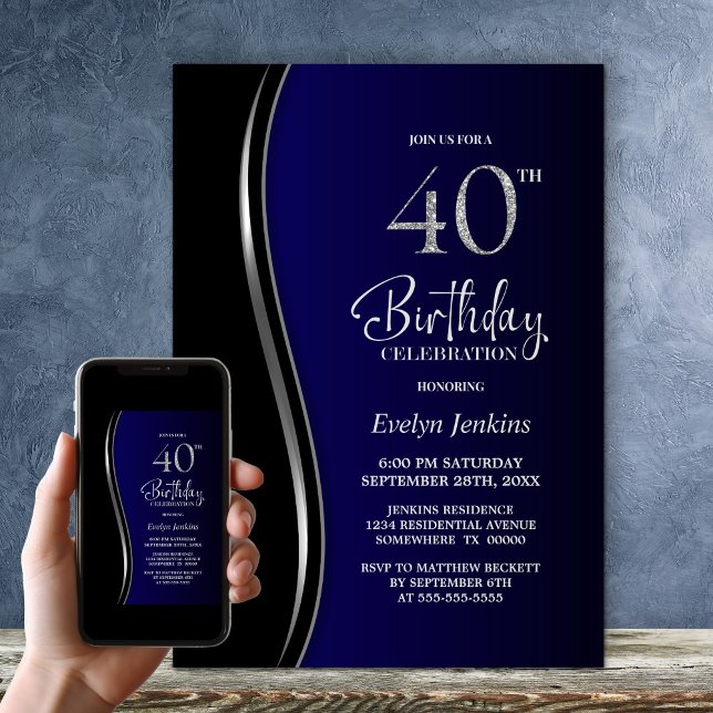 Invitation Black Blue 40th Birthday Party (Créateur téléchargé)