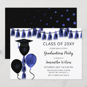 Invitation Black Blue Balloons Grad Casquette fête de graduat