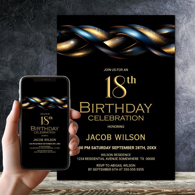 Invitation Black Blue Gold 18e fête d'anniversaire (Créateur téléchargé)
