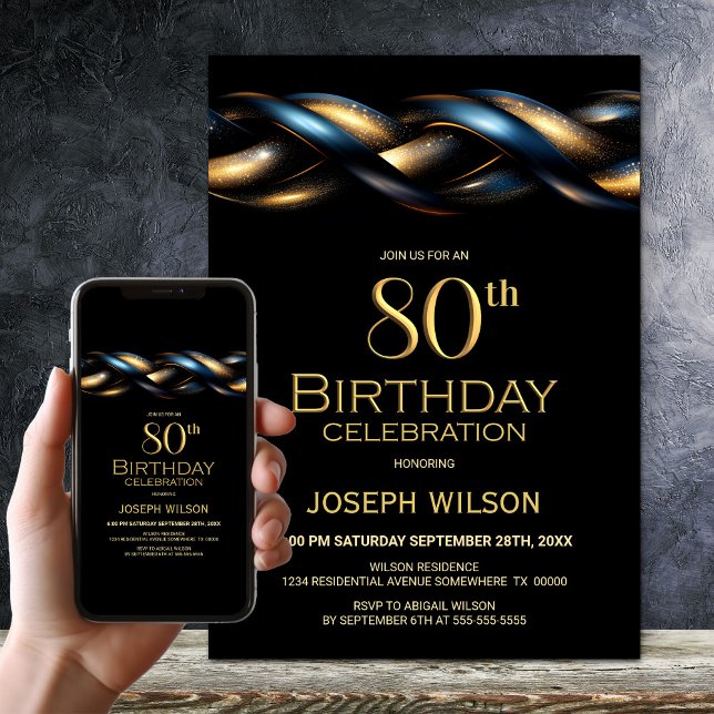 Invitation Black Blue Gold 80e fête d'anniversaire (Créateur téléchargé)