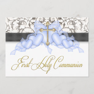 Invitation Black Blue Gold Cross Boys Blue First Communion