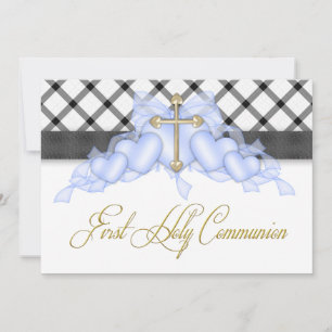 Invitation Black Blue Gold Cross Boys Blue First Communion
