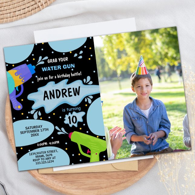 Invitation Black Blue Green Photo Arme à Eau Anniversaire (Black Blue Green Photo Water Gun Birthday Invitation)