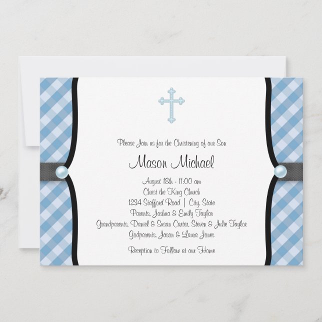 Invitation Black Blue Pearl Croix Bleu En vichy Christening (Devant)