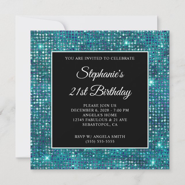 Invitation Black Blue Turquoise Diamond Studded Foil 21e anni (Devant)