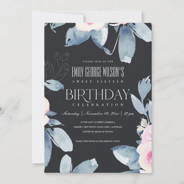 INVITATION BLACK BLUSH BLEU FLORAL SWEET 16 N'IMPORTE QUEL ÂG (Devant)