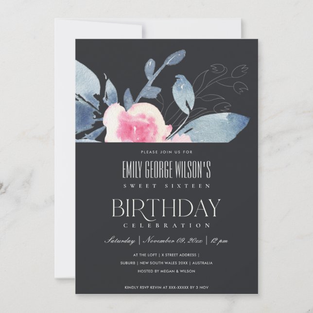 INVITATION BLACK BLUSH BLEU FLORAL SWEET 16 N'IMPORTE QUEL ÂG (Devant)