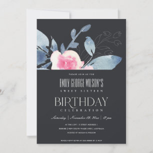 INVITATION BLACK BLUSH BLEU FLORAL SWEET 16 N'IMPORTE QUEL ÂG