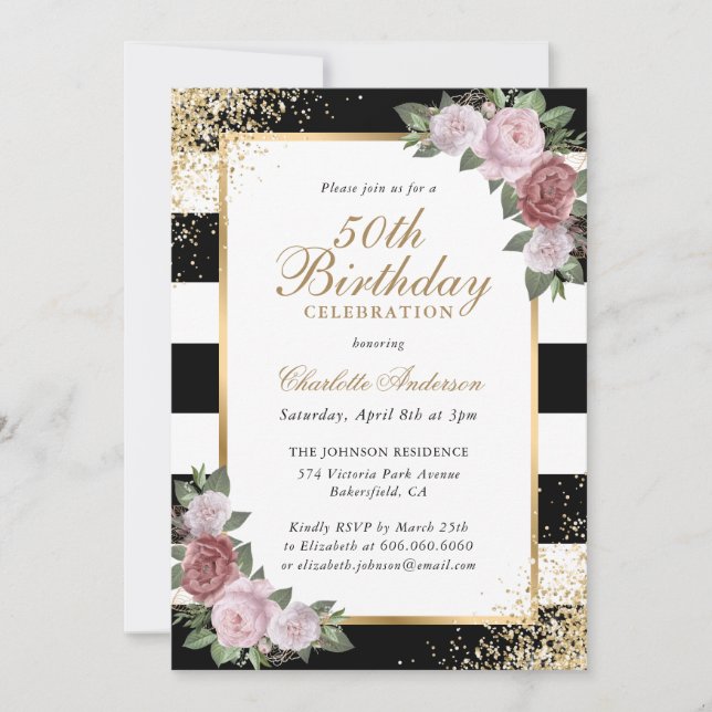 Invitation Black Blush Gold Confetti Floral 50e anniversaire (Devant)