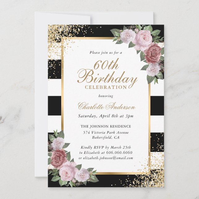 Invitation Black Blush Gold Confetti Floral 60e anniversaire (Devant)