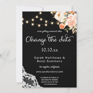 Invitation Black & Blush Peach Floral Lace Changer la Date