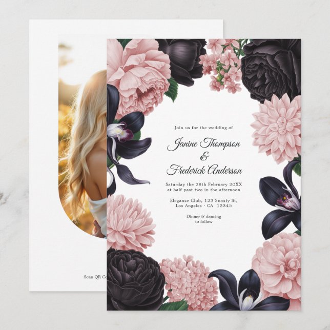 Invitation Black & Blush Photo/QR Code Floral Wedding (Devant / Derrière)