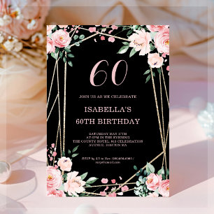 Invitation Black   Blush Pink Floral 60e anniversaire Invitat