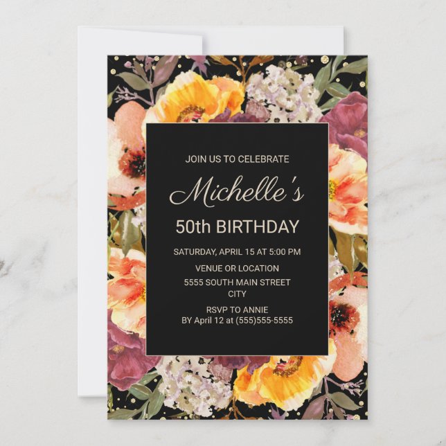 Invitation Black Bourgogne Orange Floral Gold 50e anniversair (Devant)