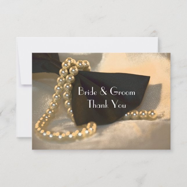 Invitation Black Bow Cravate perles Mariage plat Merci note (Devant)