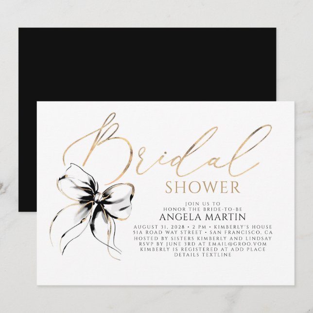 Invitation Black Bow Elegant Romantic Modern Bridal Shower (Devant / Derrière)