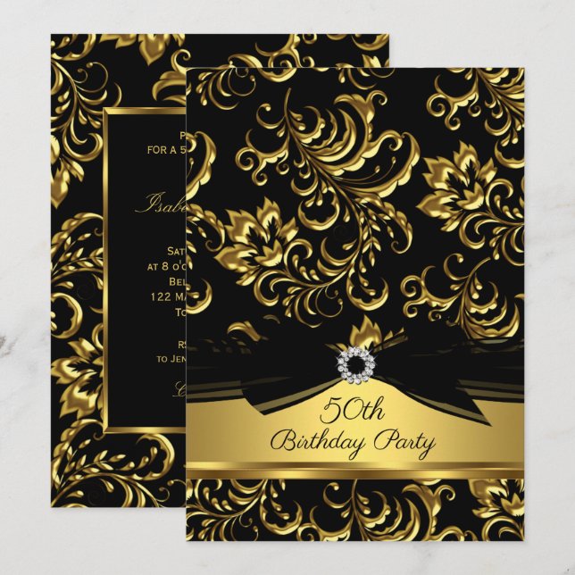 Invitation Black bow Gold Damask 50e anniversaire (Devant / Derrière)