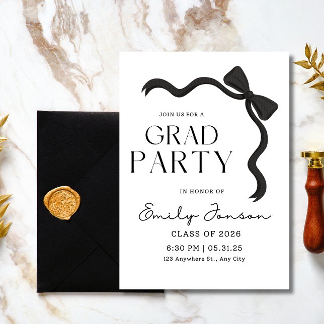 Invitation Black Bow Graduation Party Elegant Modern Grad  (Créateur téléchargé)