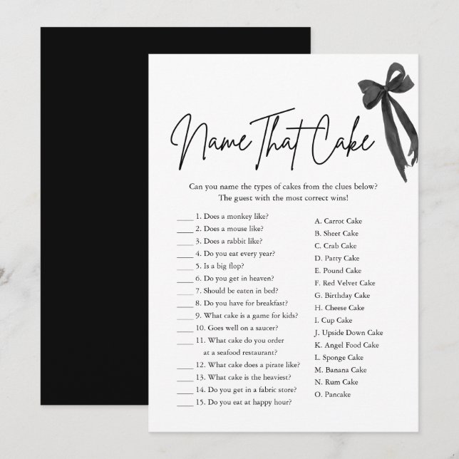 Invitation Black Bow Name That Cake Fête des mariées Jeu (Devant / Derrière)