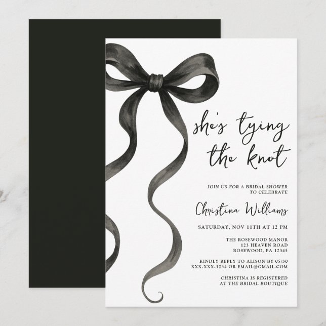 Invitation Black Bow She’s Tying The Knot Fête des mariées (Devant / Derrière)