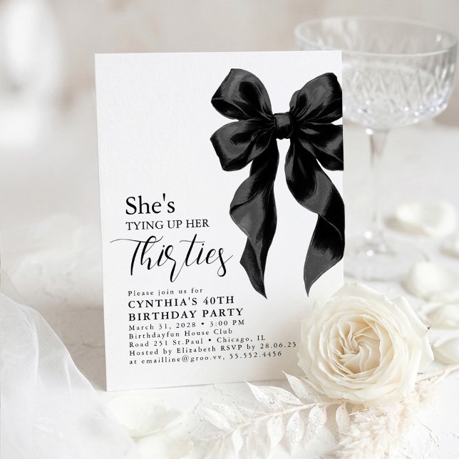 Invitation Black Bow Tying Up Her Thirties 40Th Birthday (Coquette Whimsical Black Bow Birthday Invitation)